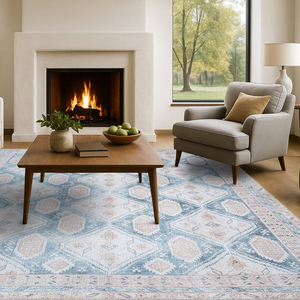 Samara Cream Blue Distressed Turkish Rug