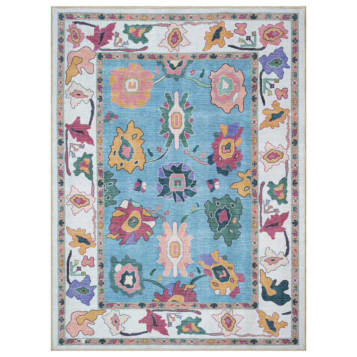 Farhana Green Colorful Floral Modern Oushak Rug