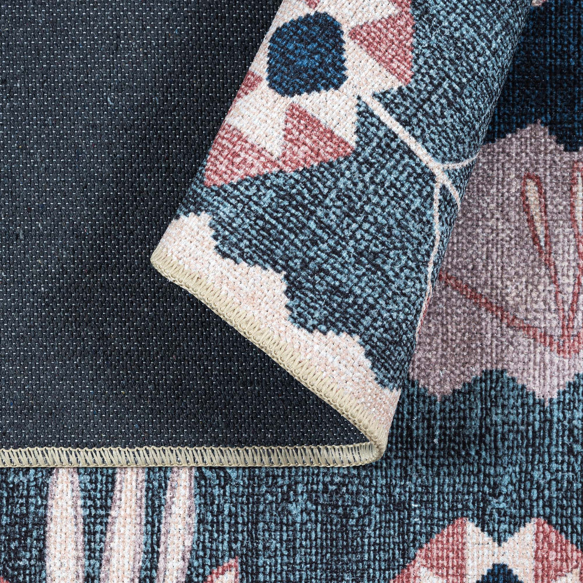 Marceline Navy Blue Floral Turkish Kilim Rug