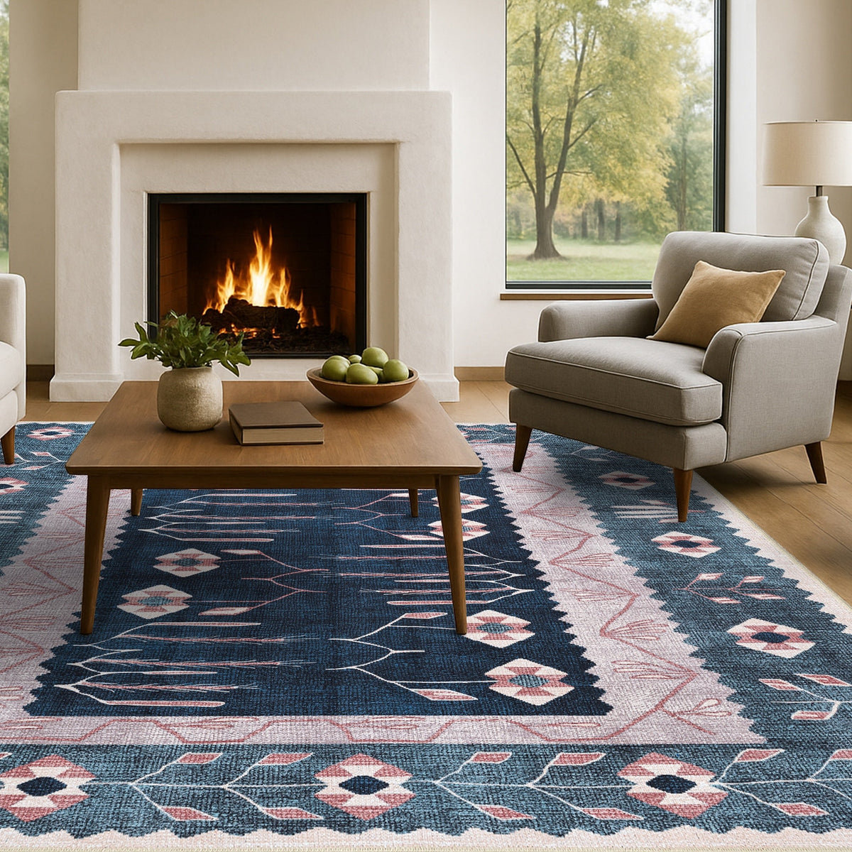 Marceline Navy Blue Floral Turkish Kilim Rug