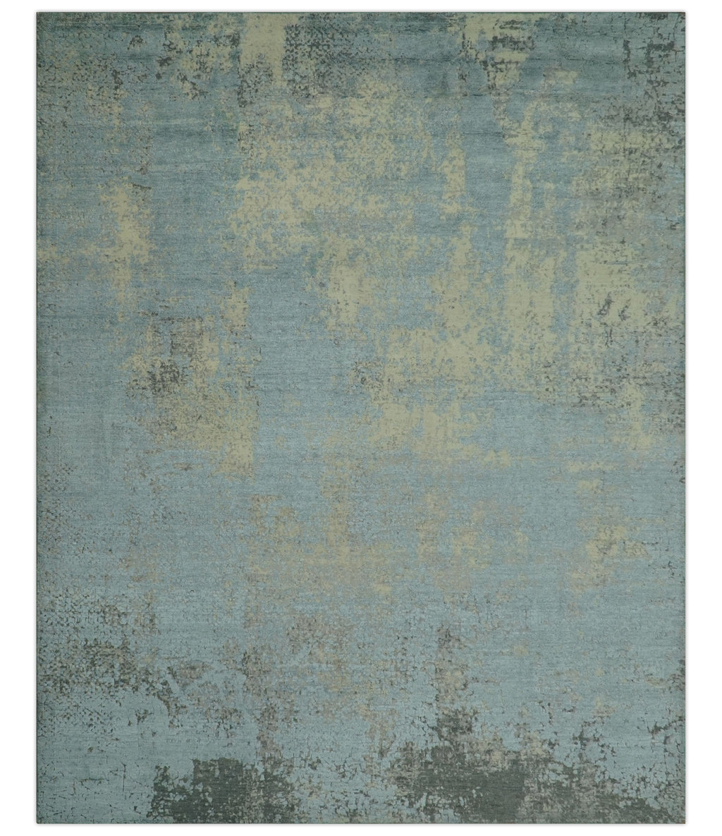 Abstract Design Blue, Beige And Gray 8x10 Hand Knotted Wool and Bamboo Silk Rug