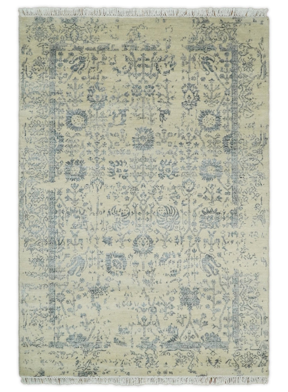 4x6 Fine Hand Knotted Beige and Gray Traditional Vintage Persian Style Antique Wool and Silk Rug | AGR14