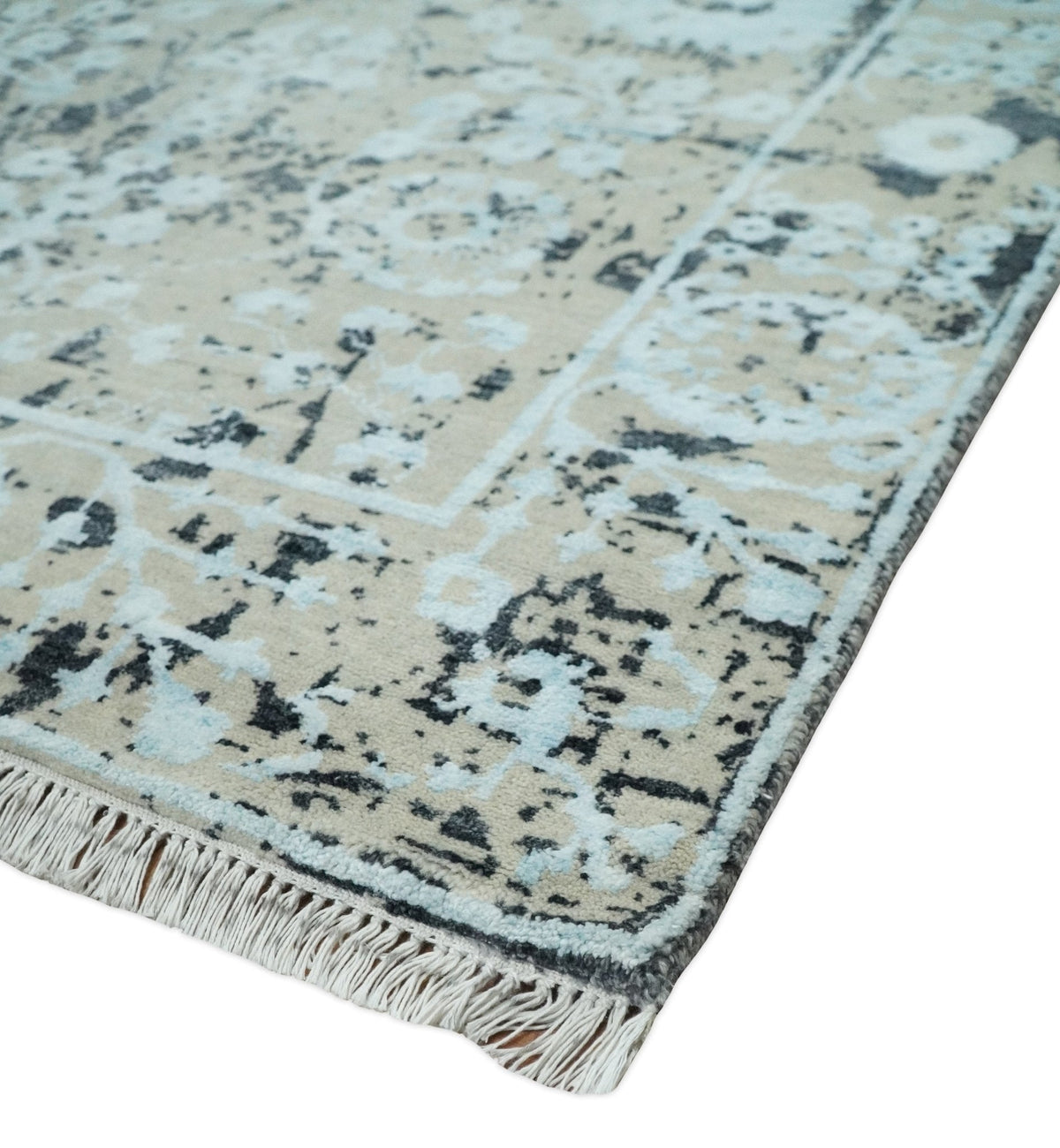 4x6 Fine Hand Knotted Aqua, Beige and Black Traditional Vintage Persian Style Antique Wool and Bamboo Silk Rug | AGR10
