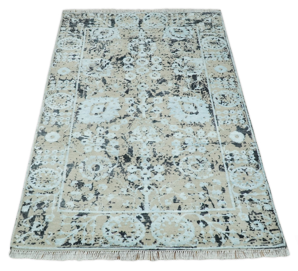 4x6 Fine Hand Knotted Aqua, Beige and Black Traditional Vintage Persian Style Antique Wool and Bamboo Silk Rug | AGR10