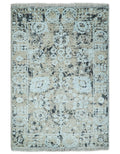 4x6 Fine Hand Knotted Aqua, Beige and Black Traditional Vintage Persian Style Antique Wool and Bamboo Silk Rug | AGR10