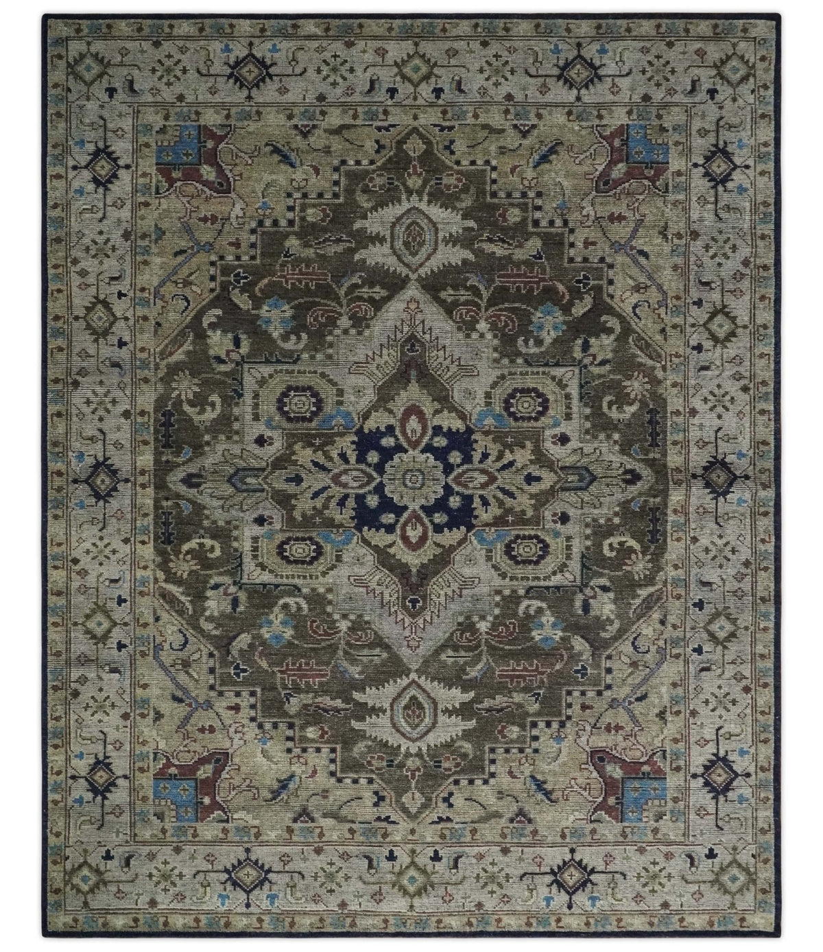 8x10 Antique look Brown, Beige and Blue Traditional Medallion wool Area Rug