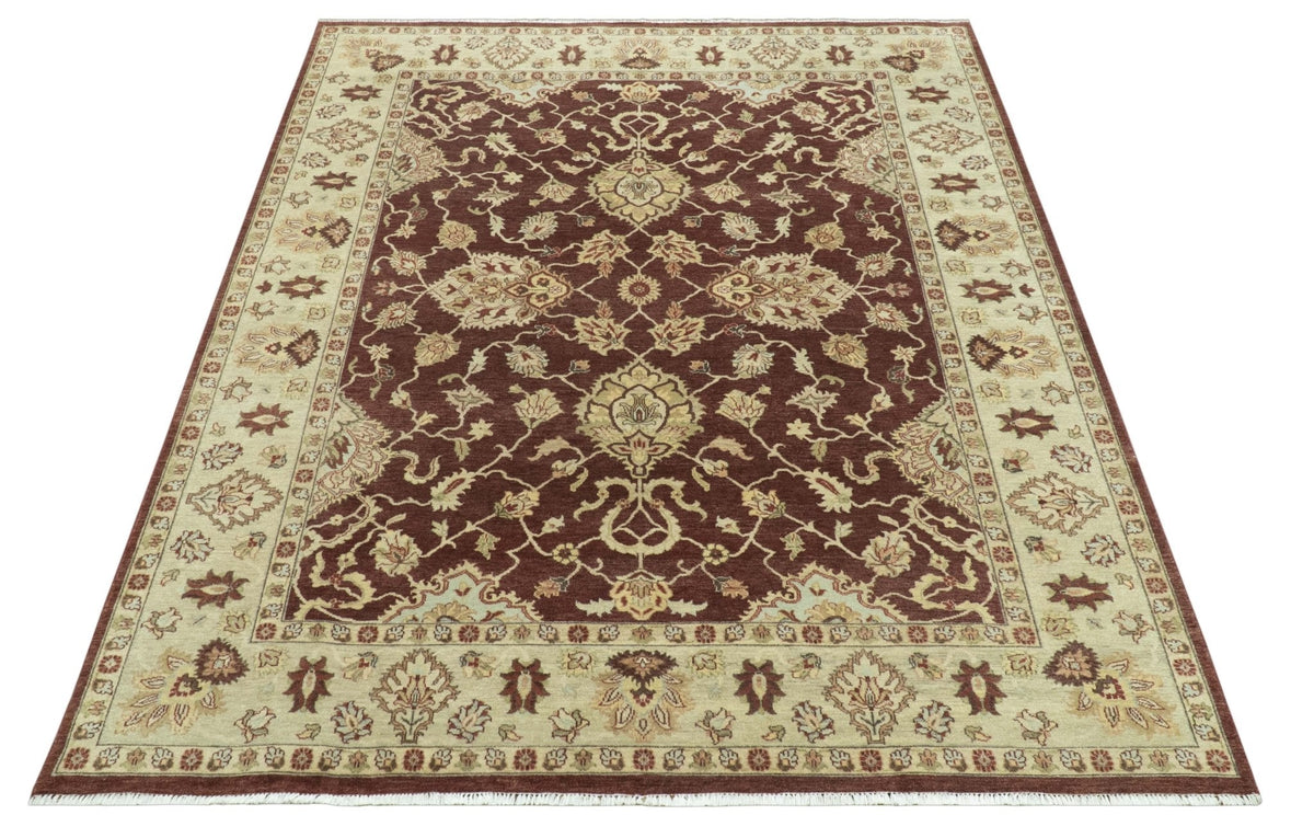 8X10 Fine Hand Knotted Rust And Gold Traditional Design Wool Rug