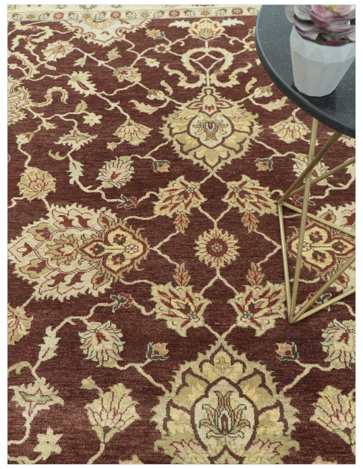 8X10 Fine Hand Knotted Rust And Gold Traditional Design Wool Rug