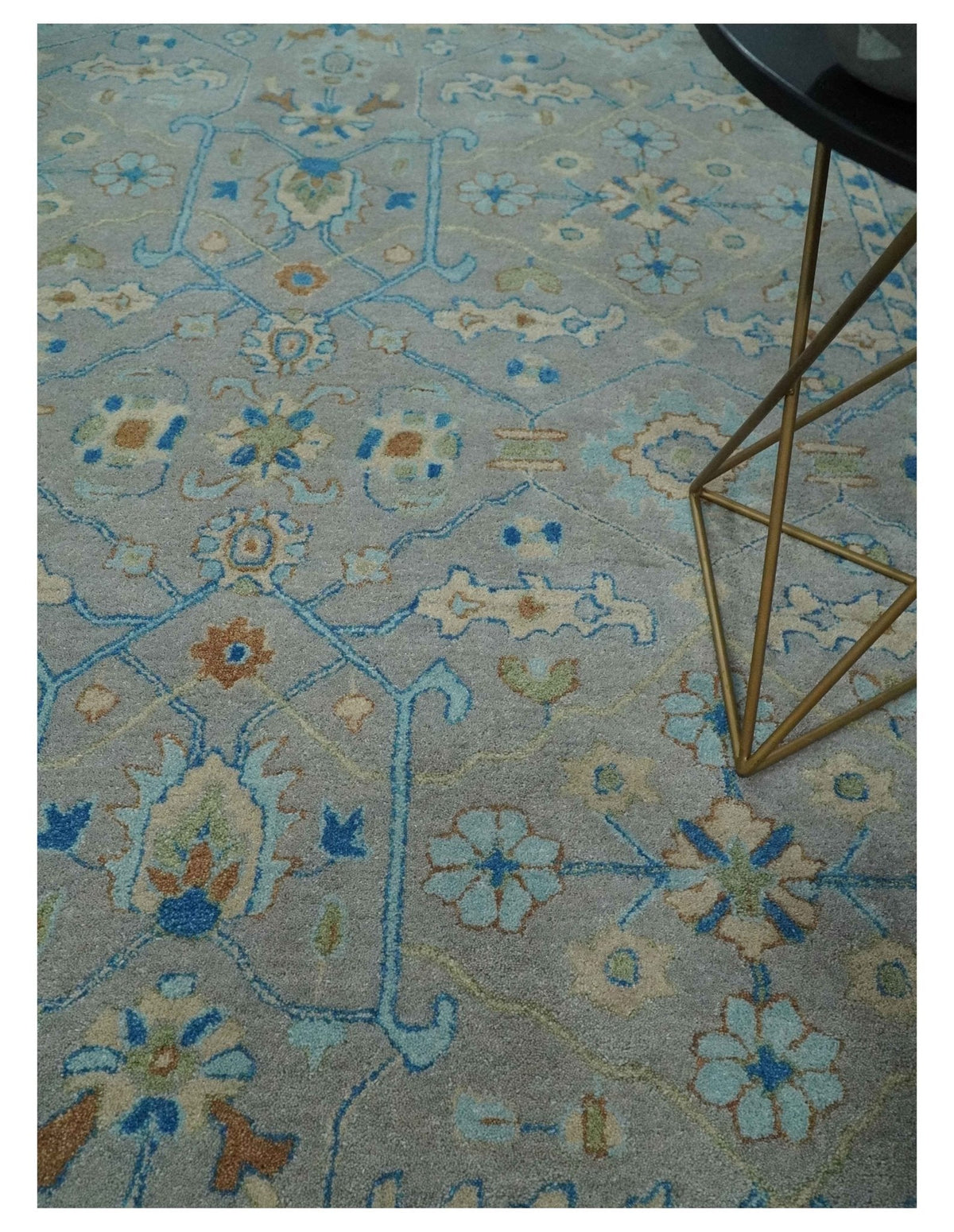8x10 Hand Tufted Gray, Beige and Accent Blue Traditional Herati Design Wool Rug