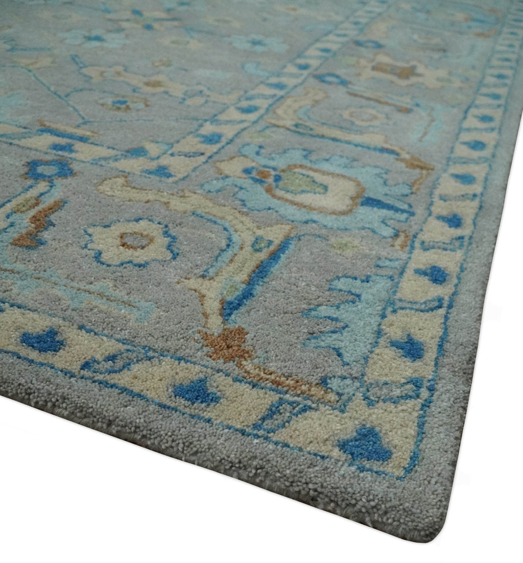 8x10 Hand Tufted Gray, Beige and Accent Blue Traditional Herati Design Wool Rug