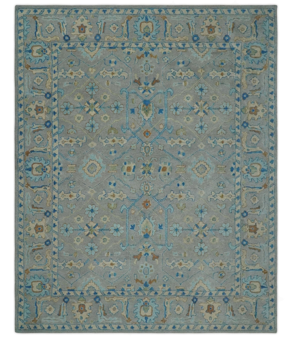 8x10 Hand Tufted Gray, Beige and Accent Blue Traditional Herati Design Wool Rug