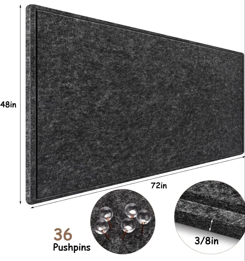 Bcabo Large Bulletin Board, 72x48 Inches Cork Board Alternative, Large Felt Board Decorative Pin Board for Wall, Foldable Photo Board Self-Adhesive Vision Board with 36 Pushpins Dark Gray