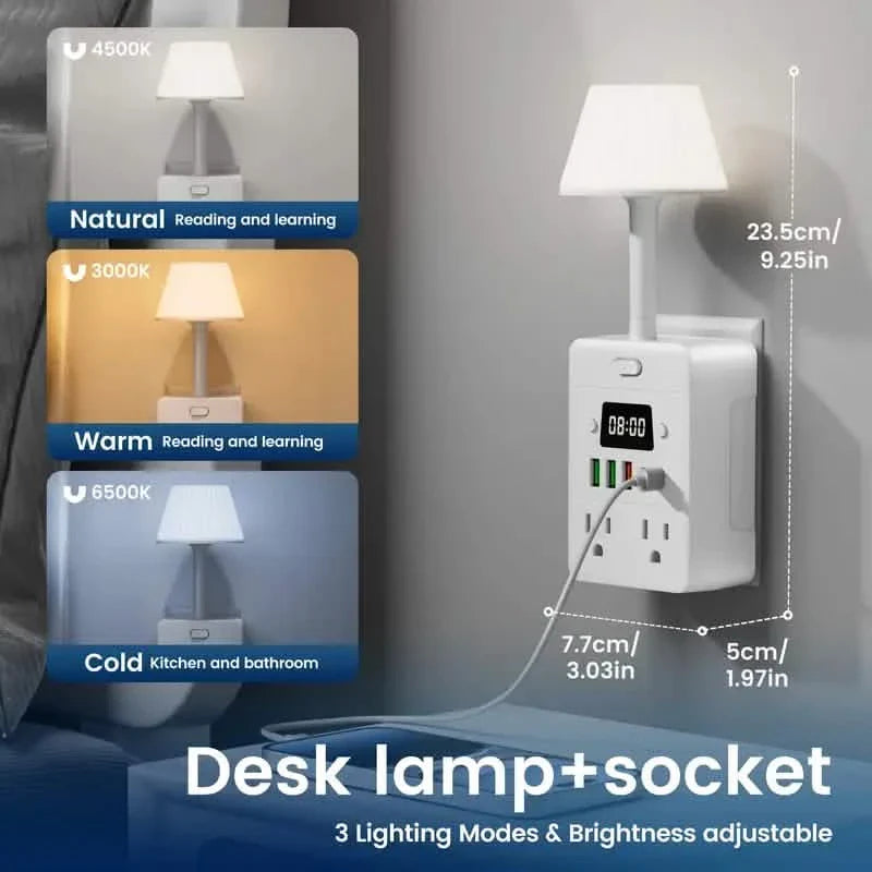 11-in-1 Multifunctional Power Strip with Desk Lamp, Clock, USB Ports & Surge Protection