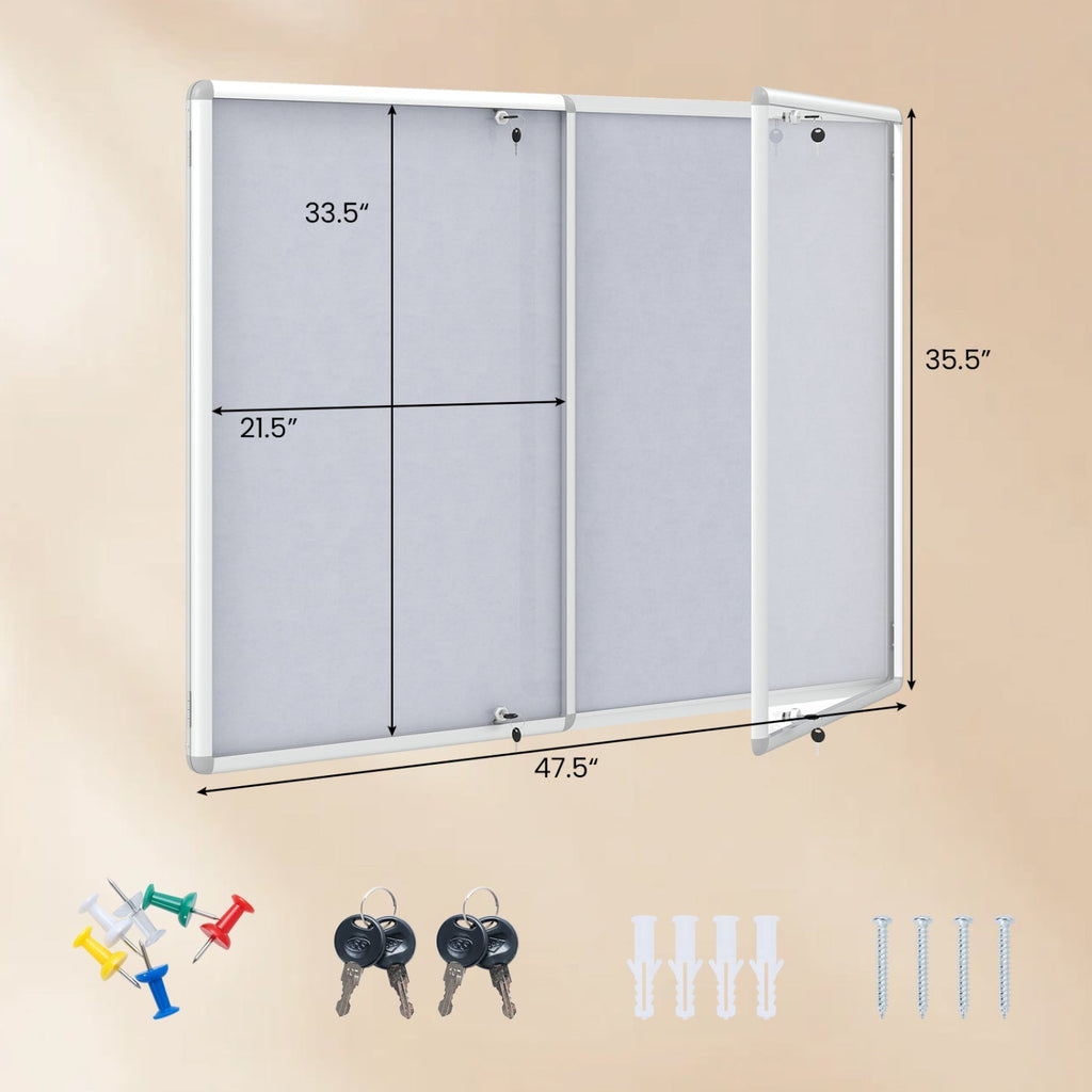 Lockable Cork Bulletin Board 47.5" x 35.5" Aluminum Frame