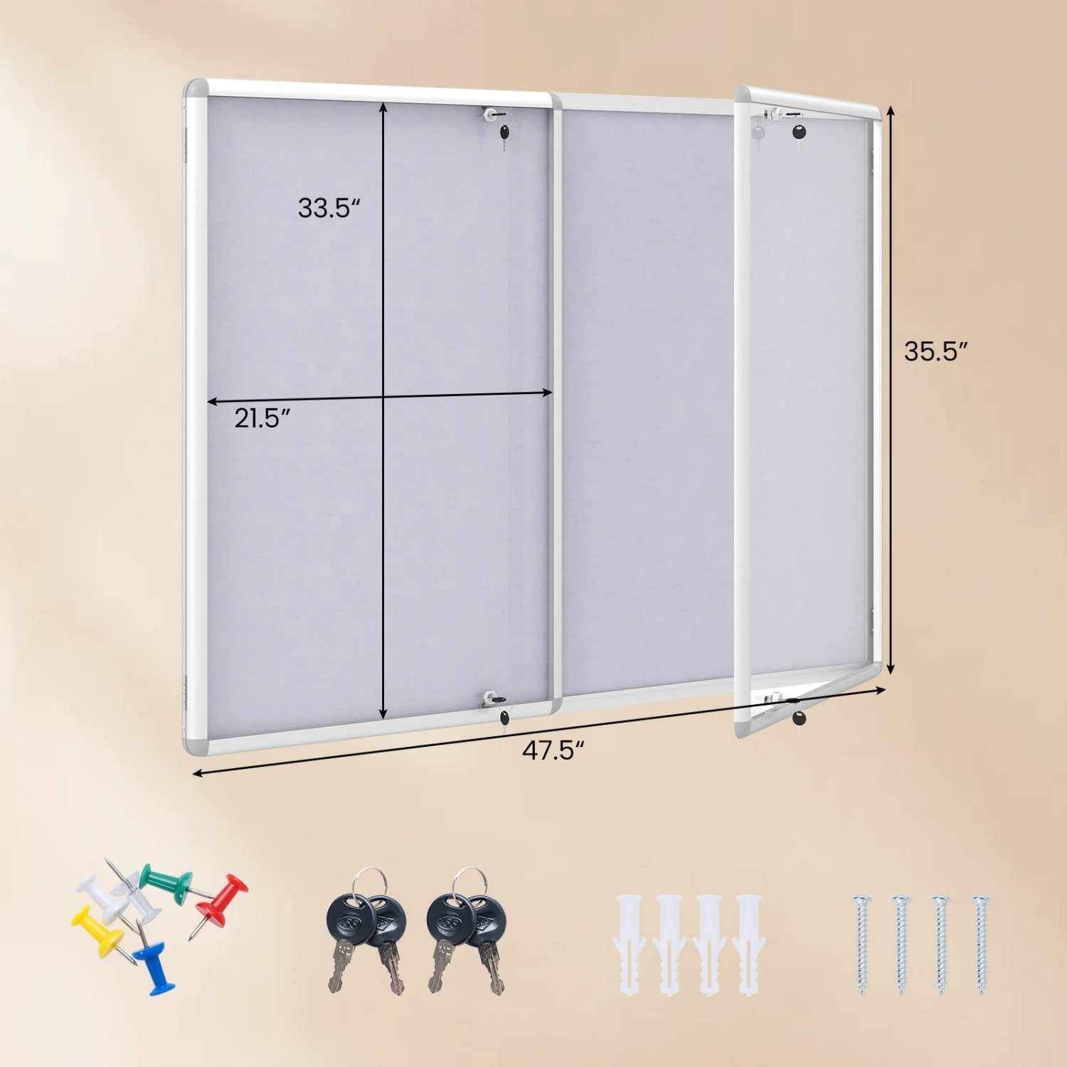 Lockable Cork Bulletin Board 47.5" x 35.5" Aluminum Frame