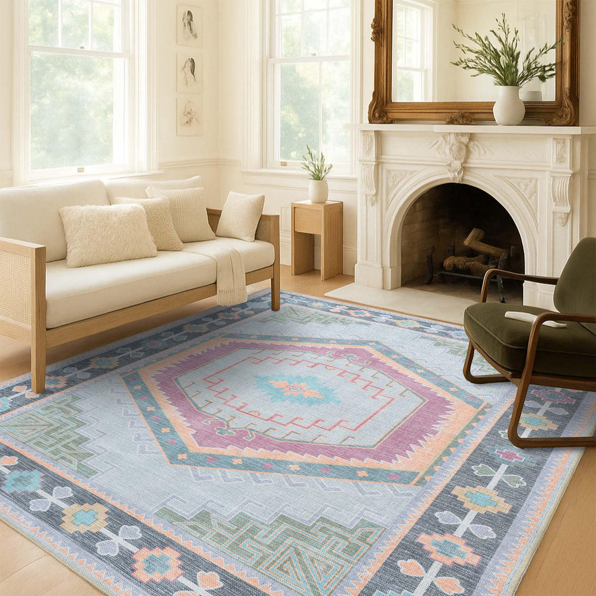 Kyra Green Pink Aesthetic Oushak Rug