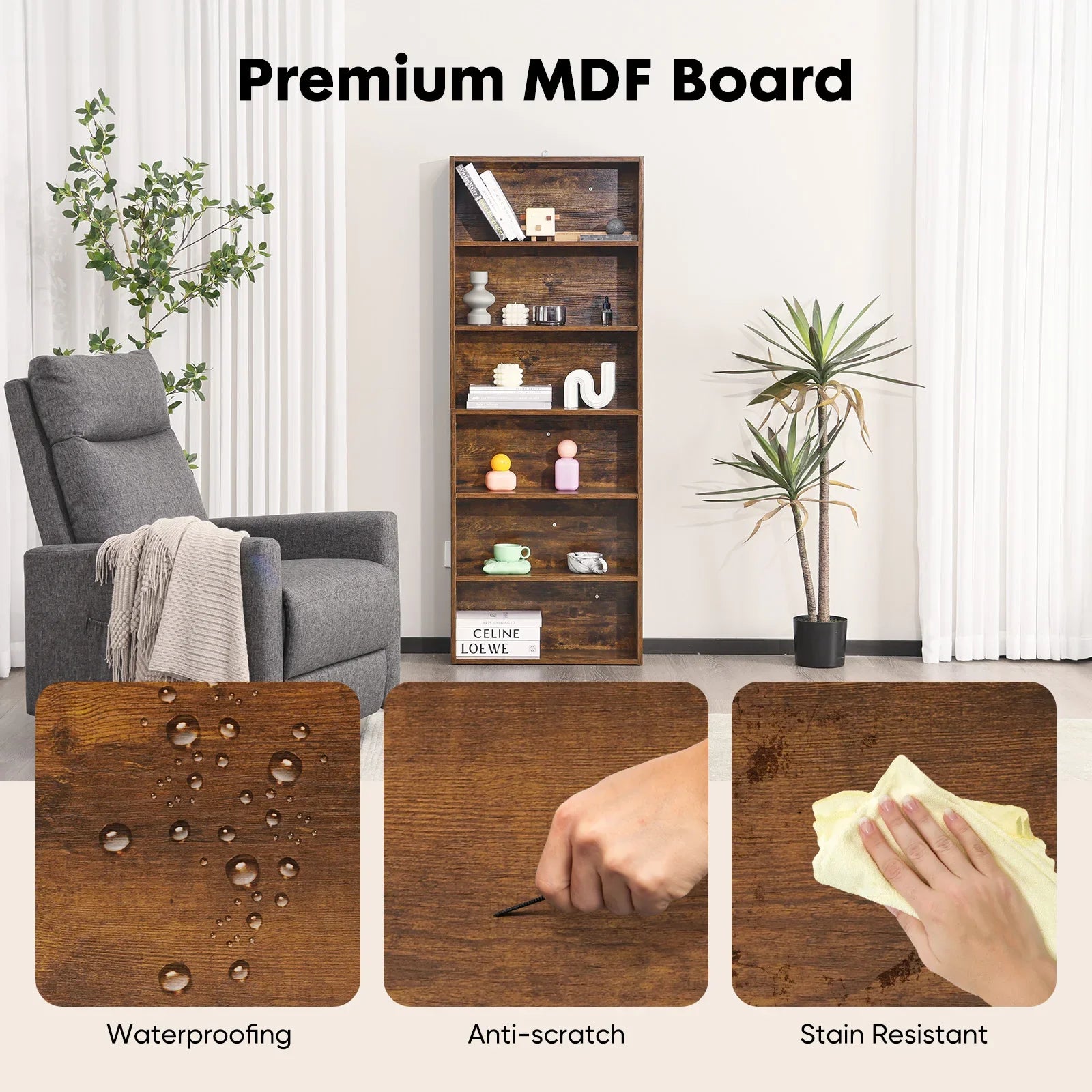 JHK 6 Tier Wooden Shelf Bookcase