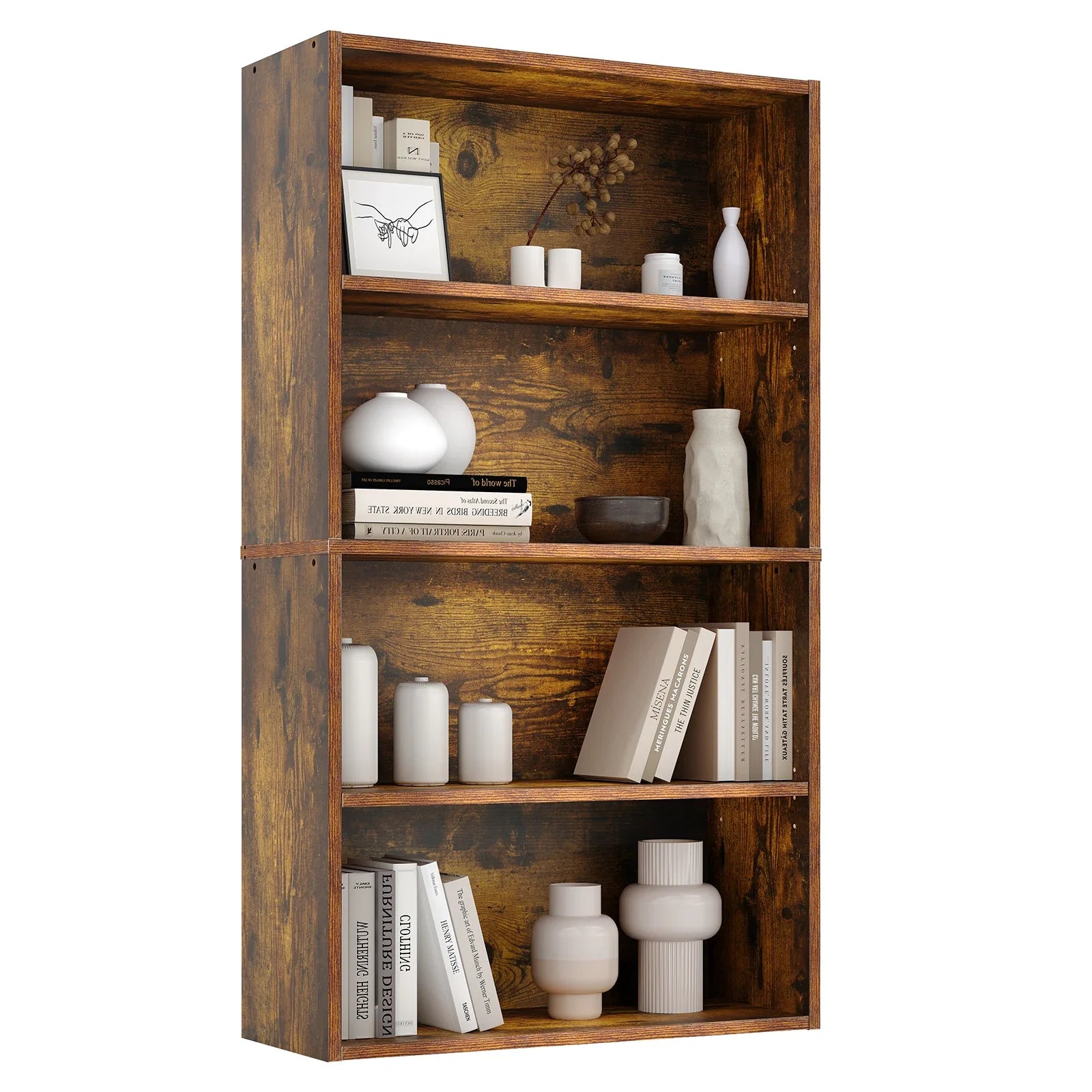 JHK Four Tier Wooden Floor Standing Open Bookshelf For Living Room Home Office
