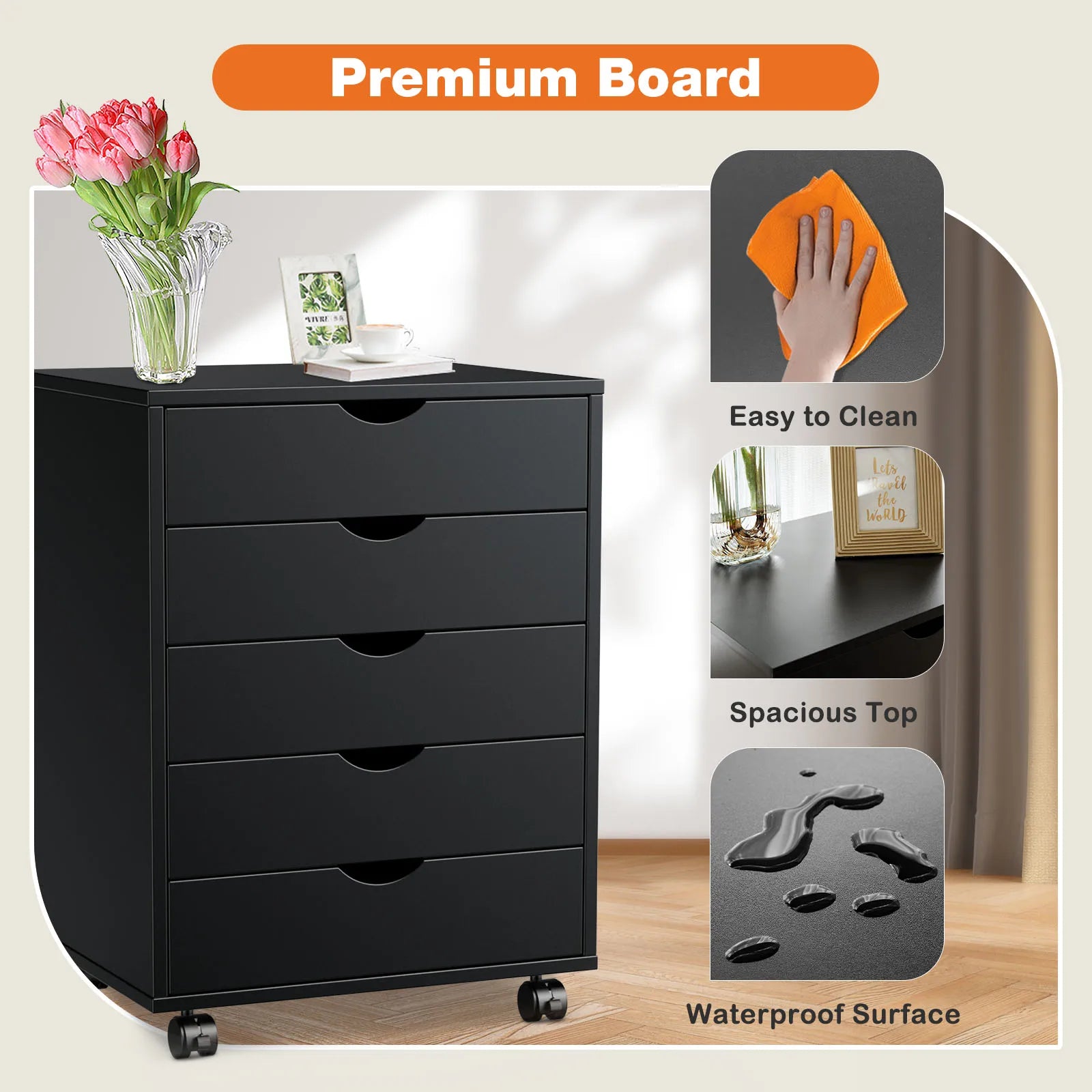 JHK Wood Nightstand Five Drawers With Rollers