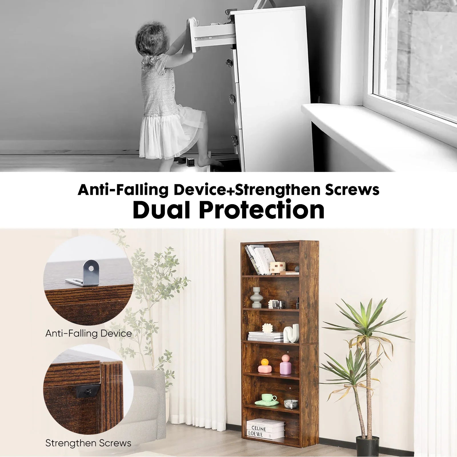 JHK 6 Tier Wooden Shelf Bookcase