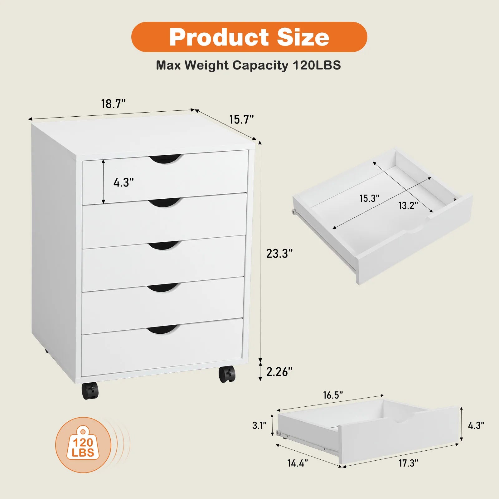 JHK Wood Nightstand Five Drawers With Rollers
