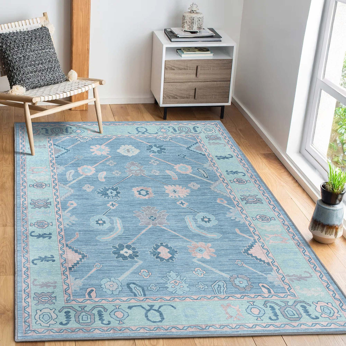 Teal Blue Oushak Area Washable Rug