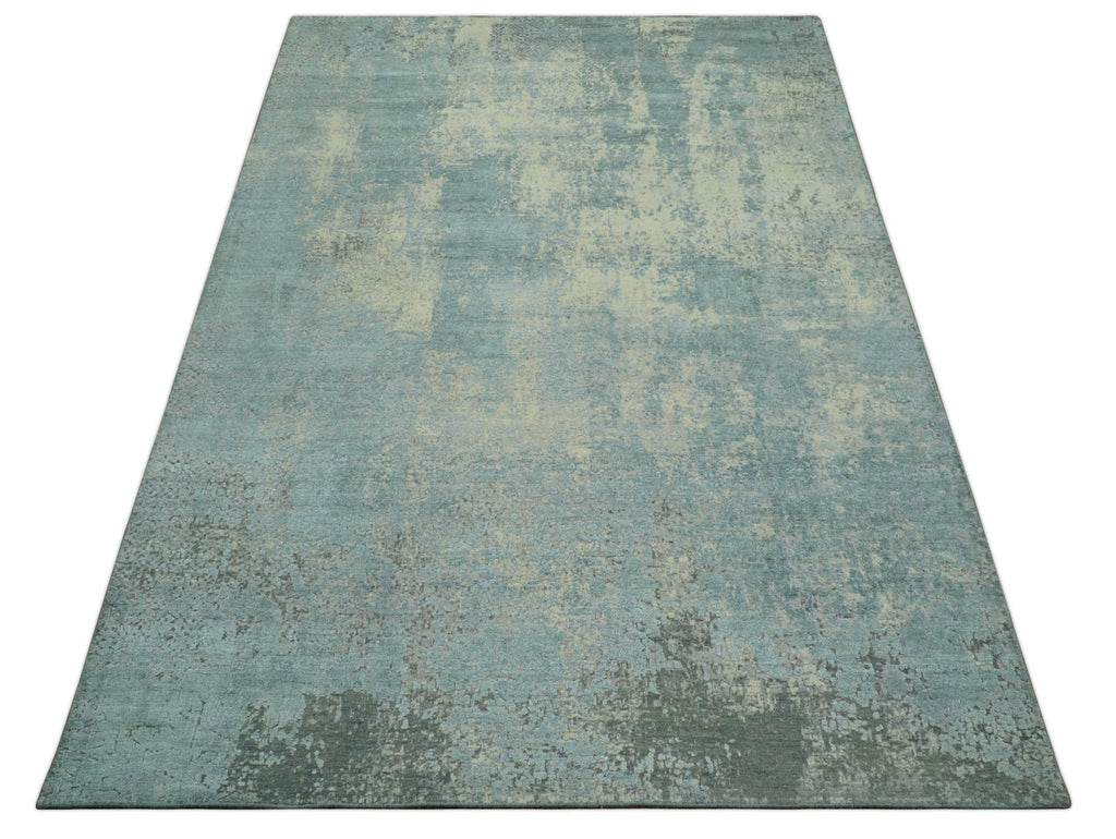 Abstract Design Blue, Beige And Gray 8x10 Hand Knotted Wool and Bamboo Silk Rug