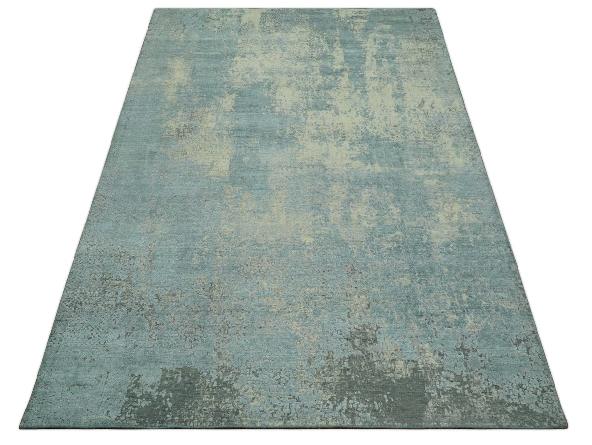 Abstract Design Blue, Beige And Gray 8x10 Hand Knotted Wool and Bamboo Silk Rug
