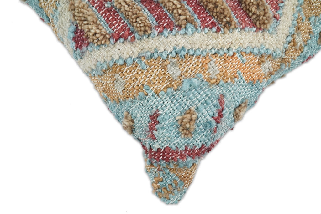 Hand Woven Boho Tribal Accent Mustard and Blue Jute and Wool Pillow, Cushion | PL13