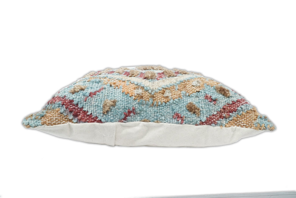 Hand Woven Boho Tribal Accent Mustard and Blue Jute and Wool Pillow, Cushion | PL13
