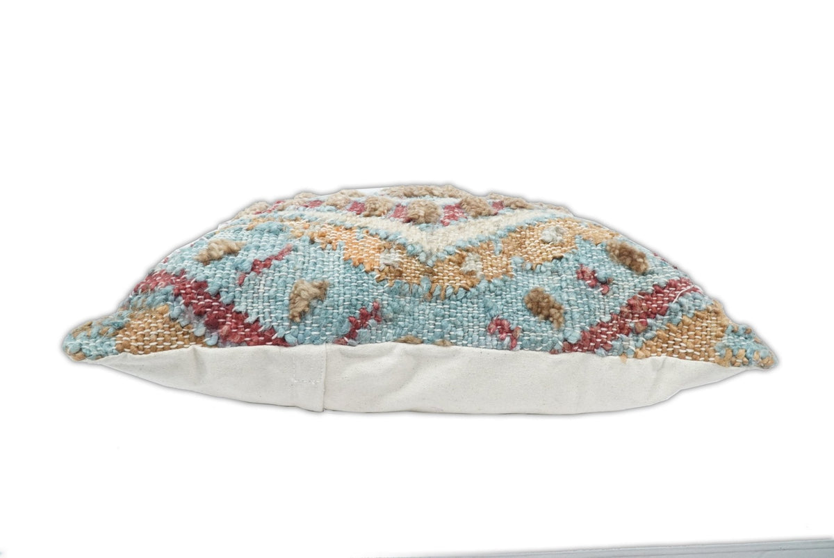 Hand Woven Boho Tribal Accent Mustard and Blue Jute and Wool Pillow, Cushion | PL13